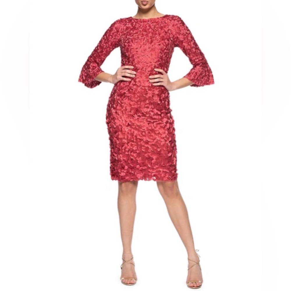 Theia Boatneck Hand Embroidered 3D Flower Beaded Rouge Pink Red Cocktail Dress